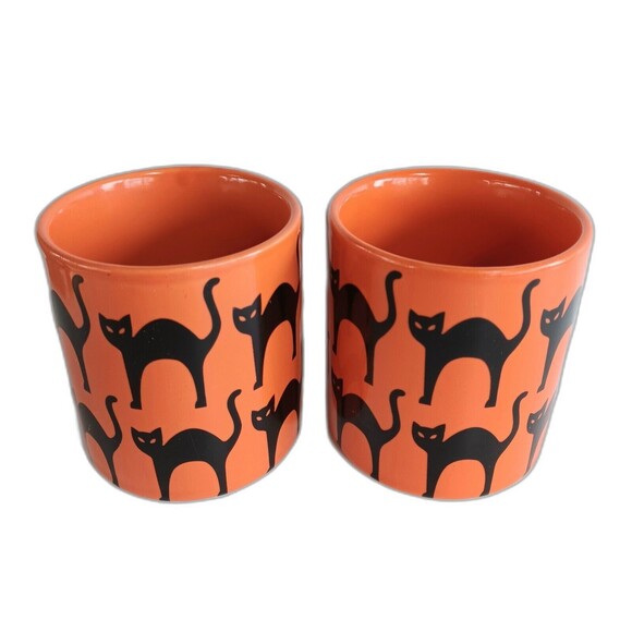 CRATE and BARREL Scaredy Cat Back Cat Small Coffee Mugs Orange Black Purple 7 oz - Picture 4 of 8